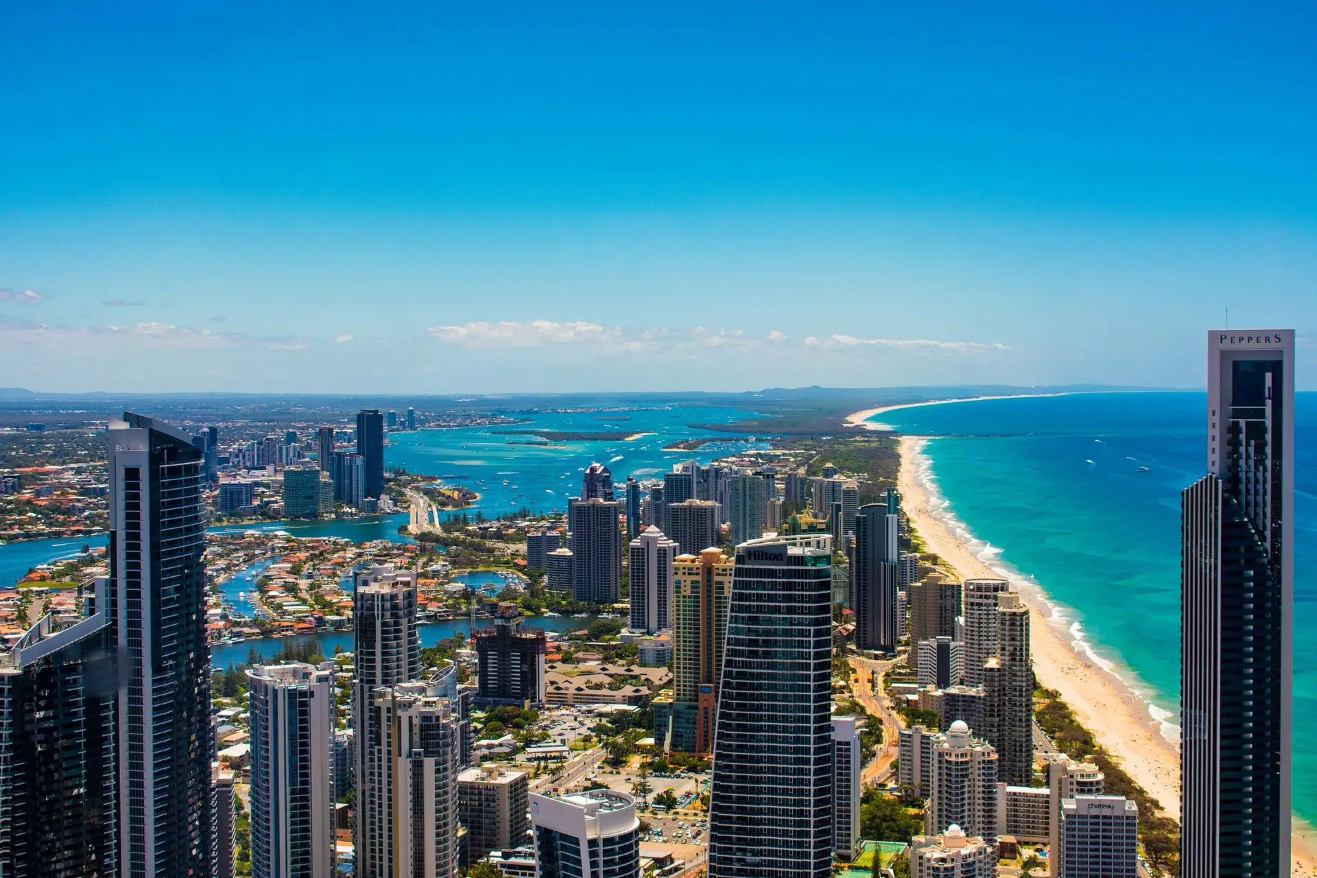 Aerial view of the Gold Coast skyline, beaches and waterways