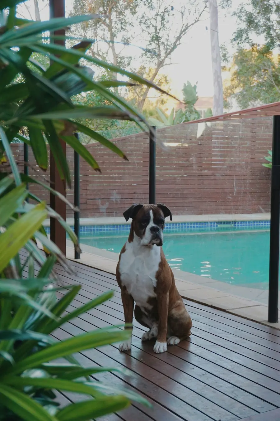 Boxer dog sitting on a timber deck behind a glass pool fence in an Australian backyard