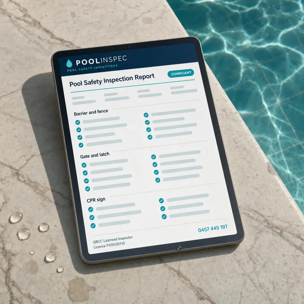 Tablet resting on marble pool coping showing a Poolinspec pool safety inspection report marked compliant